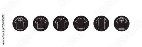 Minimal T-Shirt Symbol Collection Round Icon Vector for Fashion and Apparel. Black Circle T-Shirt Vector Icons Set for Clothing and Fashion Template.