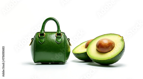 Stylish green handbag resembling ripe avocado placed next to halved fresh avocado with seed, creative fashion concept