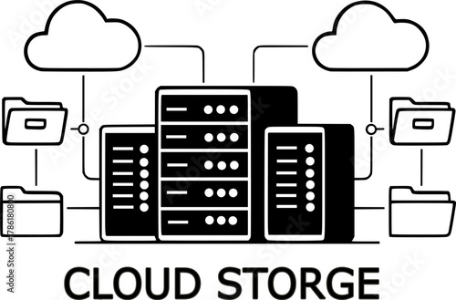 Cloud Storage Concept Illustration with Servers and Files in Blue Flat Design