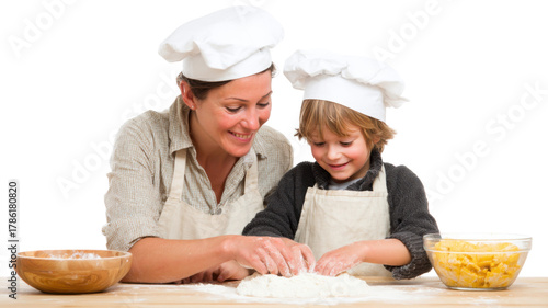 Mother and Child Baking Dough Together on White Background