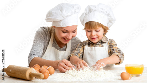Mother and Child Cooking Together on white Background