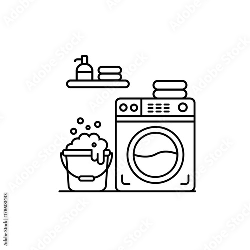 Modern washing machine with soap bucket and folded towels for pristine laundry care solutions