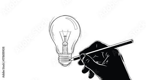 Artist s hand sketching a light bulb with a pencil symbolizing creativity and the birth of new ideas in a minimalist black and white style