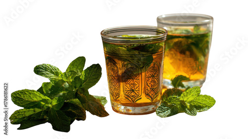 Traditional Moroccan Mint Tea in Glass Cups on White Background