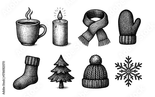 Hand-drawn winter elements: cozy mug, candle, scarf, mittens, socks, tree, hat, and snowflake