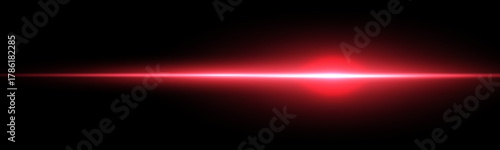 Red horizontal laser beam. Light lensflare. Red glow flare light effect. Vector illustration. Isolated on dark background.
