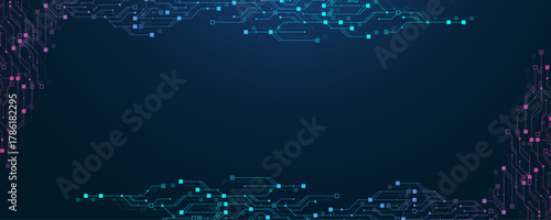 Modern technology circuit board texture background design. Quantum computer technologies concepts, large data processing. Futuristic blue circuit board background. Minimal vector motherboard