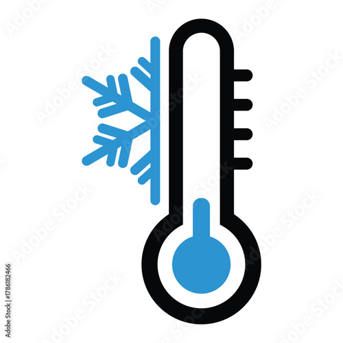 A vector icon of a thermometer with the temperature indicating cold, represented by a low blue liquid level and an adjacent blue snowflake. Symbolizes cold weather, low temperature, freezing.