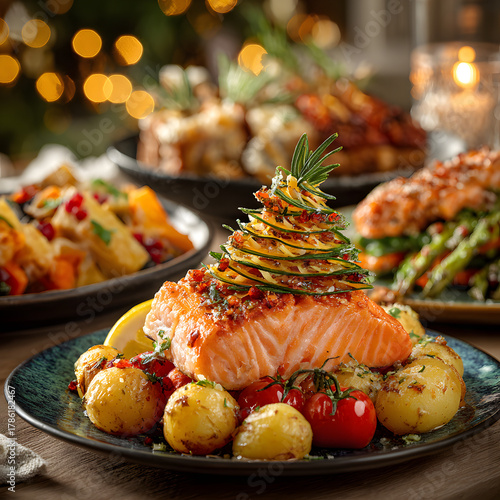 Weihnachtsessen mit Lachs Vorspeise in Tannenform