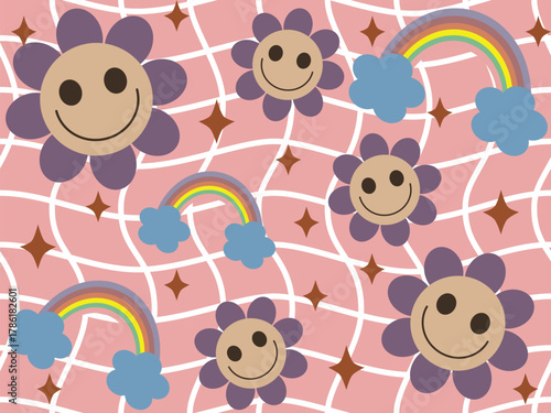 Cheerful retro pattern with smiling purple flowers colorful rainbows and brown stars on a pink wavy grid background