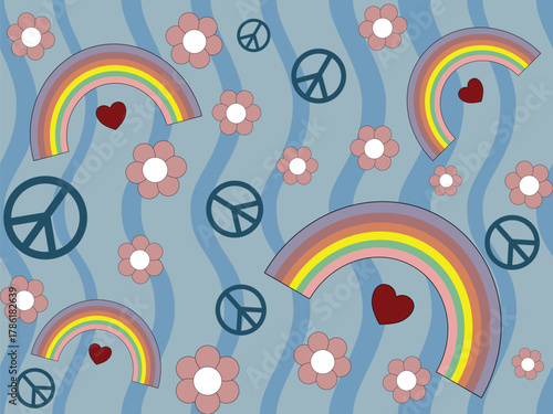 Blue background with wavy stripes features a vibrant pattern of peace signs rainbows hearts and pastel flowers