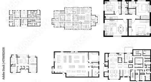 Set of diverse floor plan blueprints for residential properties