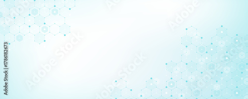 Modern health care or medical background design. Health care innovation concept. Horizontal header web banner. Abstract geometric background with hexagon shapes for medicine, science, chemistry.