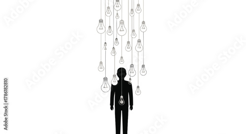 Silhouette of a person surrounded by many hanging light bulbs representing ideas and inspiration