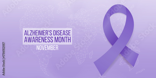 Alzheimer's disease awareness month concept. Banner template with purple ribbon and text.  Vector illustration.
