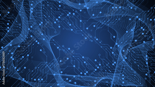 Modern technology circuit board texture background design. Quantum computer technologies concepts, large data processing. Futuristic blue circuit board background. Minimal vector motherboard