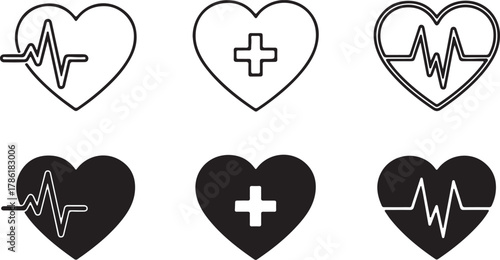 Set of six heart icons with medical symbols, including electrocardiogram lines and plus signs, in both outline and solid black styles, isolated on white background