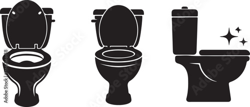 Collection of three black toilet icons with open and closed lids, isolated on white background