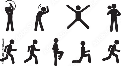 Collection of eight black fitness icons depicting various exercises and movements isolated on white background