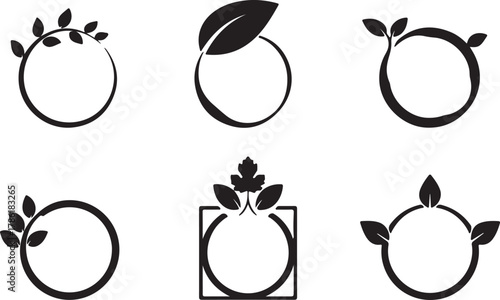 Collection of six black circular and square frames adorned with leaves, isolated on white background
