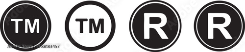 Set of four black and white icons two tm symbols and two r symbols, isolated on white background