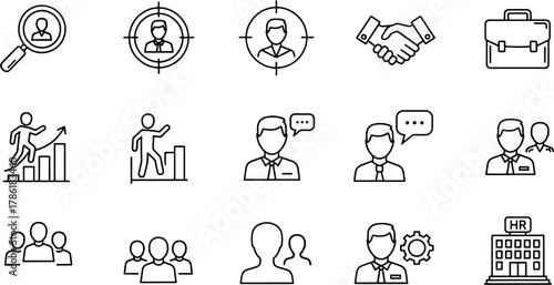 Business and HR icons set for Human Resources management, recruitment, and professional collaboration