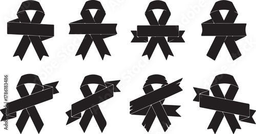 Collection of eight black ribbon designs with banners, isolated on white background