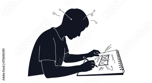 Silhouette of a person sketching out ideas and concepts in a notebook with arrows and boxes representing thought process