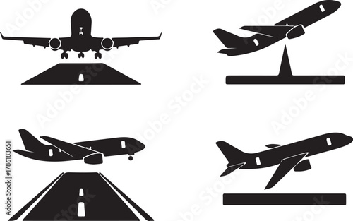 Set of four black airplane icons showing takeoff and landing on runways, isolated on white background