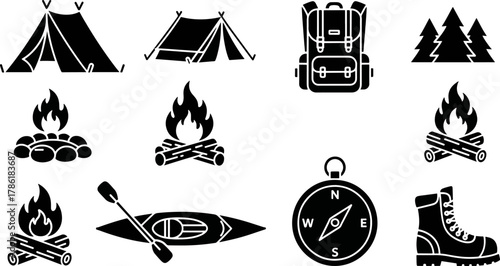 Camping Gear and Outdoor Adventure Icons Set Featuring Tents Backpacks Campfires Kayak Compass and Hiking Boot for Travel