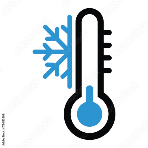 A vector icon of a thermometer with the temperature indicating cold, represented by a low blue liquid level and an adjacent blue snowflake. Symbolizes cold weather, low temperature, freezing.