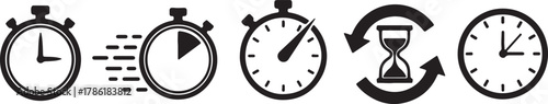 Collection of five black icons representing time, including stopwatches, an hourglass with arrows, and a clock, isolated on white background