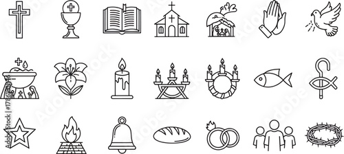 Christianity Religious Icons Collection Representing Faith Symbols Such As Cross, Bible, Church, Dove, And Baptismal Font