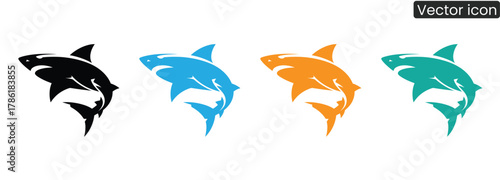 Bold shark silhouettes in vibrant colors offer dynamic aquatic energy for branding and design. Powerful, modern icons for projects seeking a strong marine theme.