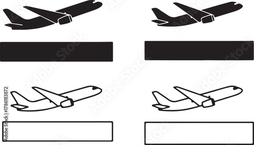 Two pairs of airplane icons, one solid black and one outline, with space for text below each