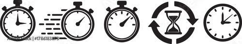 Collection of five black icons representing time, including stopwatches, an hourglass with rotation arrows, and a clock, isolated on white background