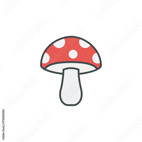 Vector illustration of a red and white spotted toadstool or mushroom, symbolizing nature, fantasy, forest, and fungus biology.