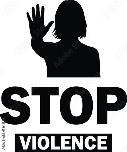 Silhouette of a person raising hand with stop violence message