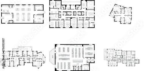 Collection of six architectural floor plans showing interior layouts of buildings