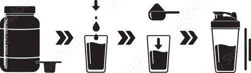 Black and white infographic showing the steps to prepare a protein shake, isolated on white background