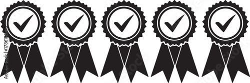 Five black award ribbons with checkmarks isolated on white background