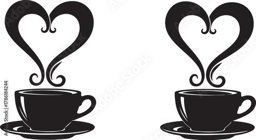 Two black silhouette coffee cups with steam forming hearts, isolated on white background