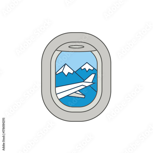 Vector illustration of an airplane window view showing mountains and a wing, symbolizing air travel, adventure, journey, and destination arrival.