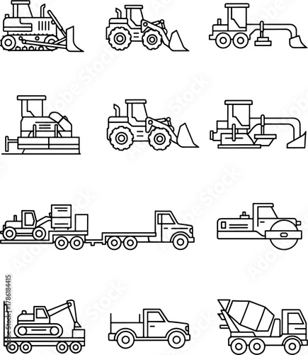 Collection of Black and White Construction Vehicle Icons Set on White Background, Heavy Machinery Line Art Symbols