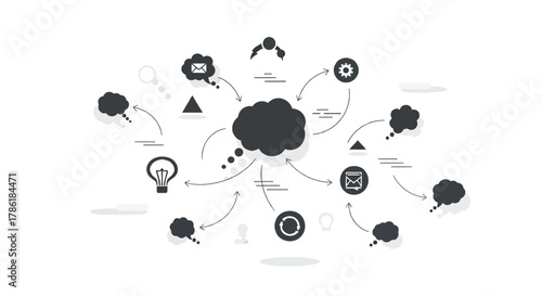 Abstract concept of idea generation and communication flow with interconnected thought bubbles and icons representing different processes