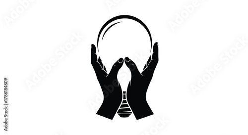 Two black hands cradling a glowing light bulb symbolizing innovation creativity and new ideas on a white background