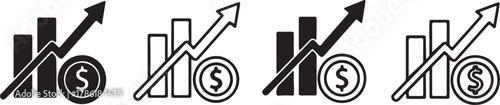 Set of four black and white icons representing financial growth, with bar charts, upward trending arrows, and dollar coins, isolated on white background