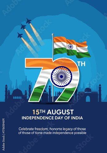 79th Indian Independence Day Celebration With Indian Flag, Fighter Jets, and Silhouette of Historical Buildings 15th August