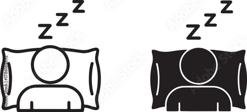 Two icons representing sleep, one in outline and one in solid black, showing a person sleeping on a pillow with zs above their head, isolated on white background