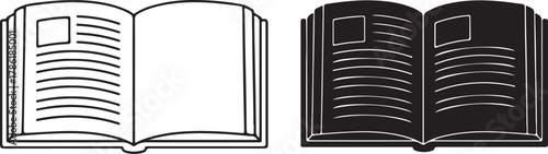 Open book illustration with text lines and a rectangle on each page, presented in both outline and solid black silhouette on white background